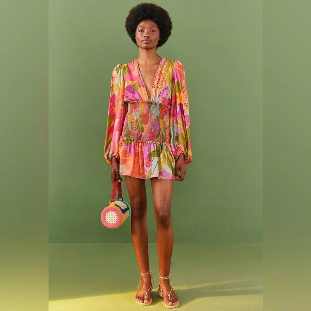 NWT Farm Rio Sweet Forest Smocked Long Sleeve Mini Dress‎ XL